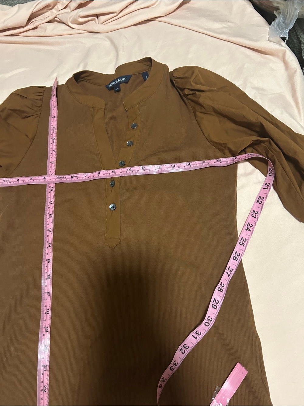 Veronica Beard Rust-Brown Button Front Puff Sleeve Shirt - Picture 3 of 4